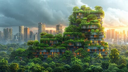 Sticker - A captivating series of illustrations depicting vertical forests integrated into urban landscapes, with towering skyscrapers adorned with cascading