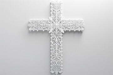 Wall Mural - A cross made of delicate lace, intricate and white, on a solid white background.