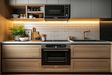 Mockup built in modern kitchen counter with microwave and oven sink and stove fire. kitchen pantry wooden floor for design and decoration. Generative AI