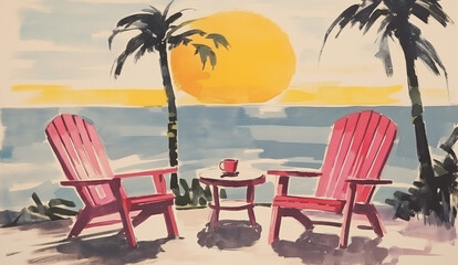 Wall Mural - Watercolor painting of a tranquil beach scene with two pink chairs facing the ocean