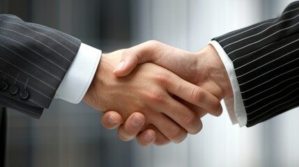 Wall Mural - Two men in suits shake hands in a close-up image. The image highlights the moment of agreement and partnership in business