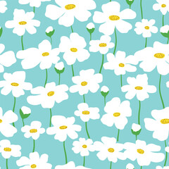 Wall Mural - Seamless pattern with chamomile flowers on blue background.