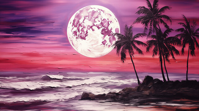 Watercolor tropical beach sunset with full moon landscape