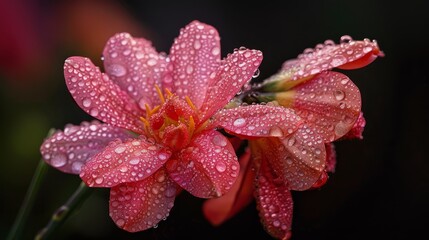 Wall Mural - A macro photograph of a pink flower with dew drops on its petals. The image was taken after a rain shower, showcasing the delicate beauty of the flower