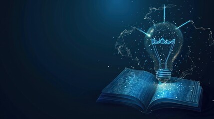 Wall Mural - concept of education a idea light bulb low poly in the opening of an old book in blue dark background. business creative thinking with glowing wireframe