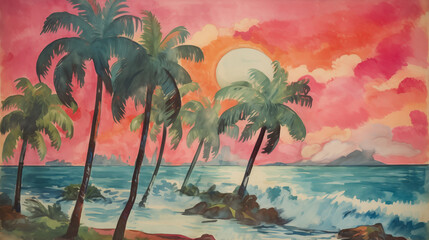 Wall Mural - Tropical beach sunset watercolor painting