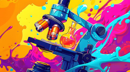 Wall Mural - Illustration of a vibrant cartoon laboratory microscope icon in a comic style design serving as a pictogram symbolizing science and discovery in chemistry with a dynamic splash effect for bu