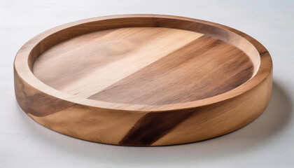 Round wooden serving tray isolated on simple plain white background, illustration.