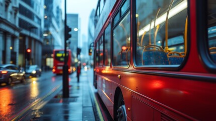 Wall Mural - A close-up photograph of a red double-decker bus driving through the busy streets of a city on a rainy day