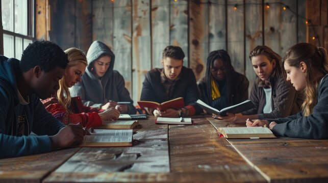 A group of diverse friends gather around a wooden table, engaging in a Bible study session