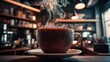 © starush - A steaming coffee is being poured into a cup on the table, AI