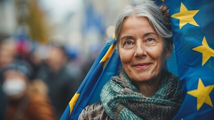 Wall Mural - Old woman holding european union flag