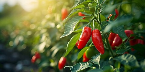 Wall Mural - In the vibrant summer garden, amidst the flourishing green leaves and swaying nature, a healthy and organic red pepper plant stood tall, displaying its ripe and spicy, macro level hot, Generative AI