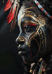 Wall Mural - A detailed concept of a African female wearing tribal face paint, hyper realistic portrait of A woman warrior, Feminine Sudanese influence, creating an atmosphere of luxury and sophistication