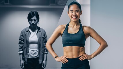 Poster - A woman in a sports bra and top standing next to another photo of her, AI