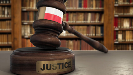 Wall Mural - Poland Flag on Judge Hammer in Court with Word Justice. Justice System 3D Illustration