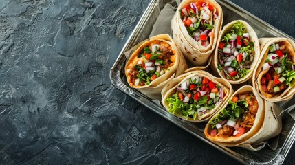 Wall Mural - A close-up view of five neatly organized traditional Mexican burritos packed in a to-go container. Each burrito is filled with meat, rice, beans, and fresh toppings like lettuce, tomatoes, and onions