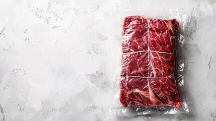 Wall Mural - A close-up, top-down view of a vacuum-sealed beef brisket on a white stone background