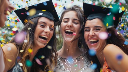 Three female friends in graduation caps laugh and celebrate with confetti