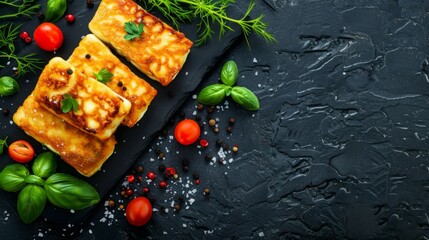 Wall Mural - Overhead view of fried halloumi cheese on a black stone table, accompanied by fresh herbs and spices