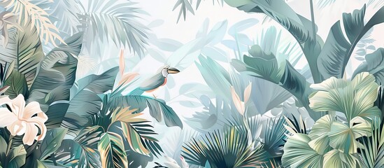 Illustration of tropical wallpaper print design with palm leaves, monstera leaves, birds and texture. Exotic plants and birds on textured background. AI generated illustration