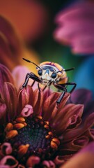 Sticker - A bug on a flower with colorful background in the picture, AI