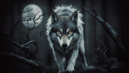 Sticker - A wolf is walking through a forest with the moon in the background, AI