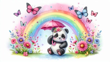 Colorful illustration of panda with rainbow and butterflies - Vibrant artwork featuring a joyful panda with an umbrella under a rainbow surrounded by flowers and butterflies