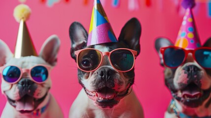 Wall Mural - French bull dog are wearing hats and jackets and standing in a line