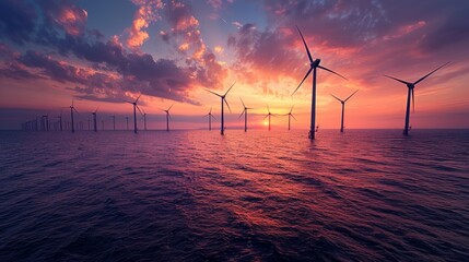 Wall Mural - Wind Turbines Harnessing Power at Sea During Sunset