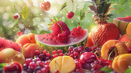 Canvas Print - summer fruits on background, delicious fruits on colored background, background of summer fruits, fruits banner