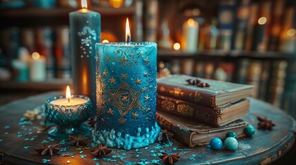 a fortune teller, witch stuff on a table, candles and fortune-telling objects. the concept of divina