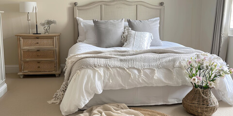 A large, neutral coloured bedroom with an elegant bed made up in white linen and some beautiful soft grey pillows on it