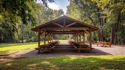 Wall Mural - A wide shot of a shaded picnic pavilion in a park with multiple picnic tables and benches. The pavilion is surrounded by tall trees and green grass