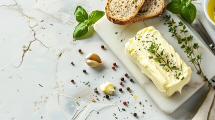 A block of organic herb butter with garlic, peppercorns, and sprigs of fresh thyme and basil on a white marble surface