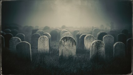 Canvas Print - A graveyard with many tombstones in the middle of a field, AI