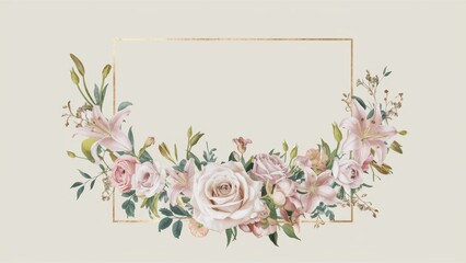 A floral frame with pink roses and green leaves, AI