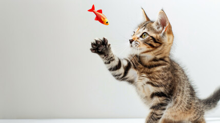 Wall Mural - Little kitten playing with a toy goldfish on a white background.