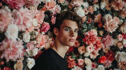 Wall Mural - Male fashion portrait on pink floral wall background.