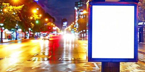 Aufkleber - Blank billboard on a vibrant city street at night, illuminated by neon lights and reflections, perfect for outdoor advertising in an urban environment, Gernerative AI
