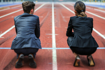 Wall Mural - Businessman and businesswoman in starting positions on the track, ready to start the race,