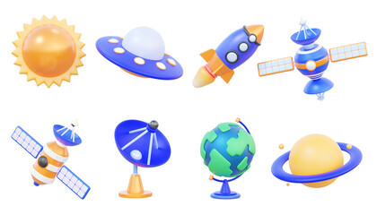 Set of 3d cartoon elements. sun, ufo, rocket, satellite, radar, globe, planet. minimal cute smooth. Science education learning concept. 3d render illustration