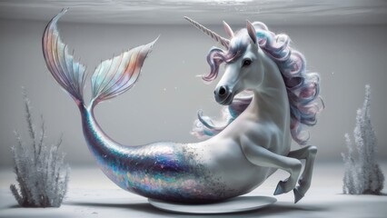 Wall Mural - A unicorn with a tail and long hair is sitting on the ground, AI