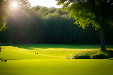 Wall Mural - beautiful morning light in public park with green grass field an