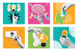 © WinWin - Halftone collage creative idea. Mixed media idea generation composition, pop art brain and problem solving solution concept vector illustration set.