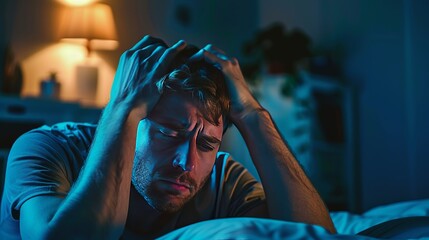 A man is exhausted from a lack of sleep due to insomnia, sleep apnea, or stress. He's awake at night, tired, and in pain from a headache or migraine. He is very frustrated.