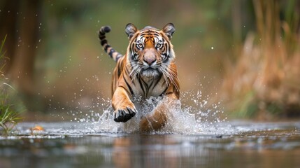 Wall Mural - Tiger running through water in the middle of the forest in india adventure in the wild beauty of nature