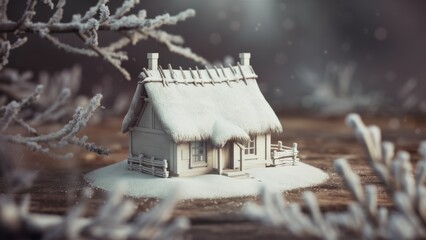 Poster - A miniature house is covered in snow and surrounded by trees, AI