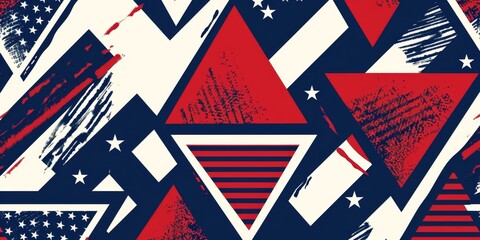 Blue and red pattern with white stripes, triangles, squares, and chevron shapes American flag colors Generative AI