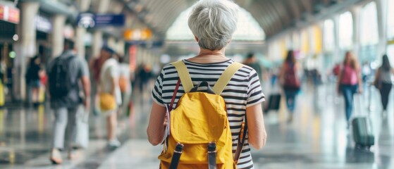 Canvas Print - A woman with a yellow backpack walking through an airport. AI.